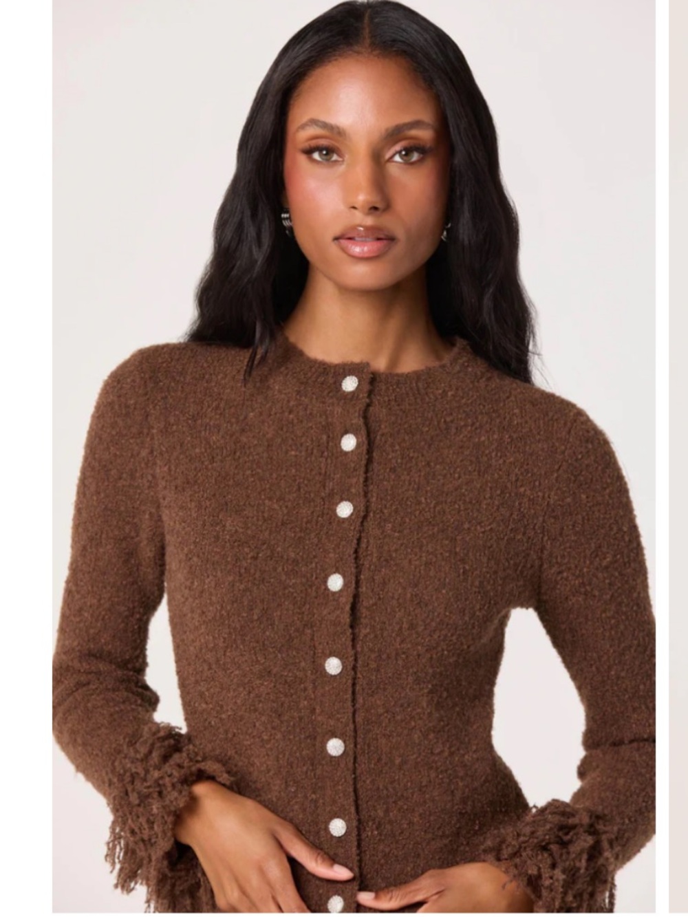 ASTR Brown Fringe-Cuff Button Cardigan Size L - Picture 4 of 16
